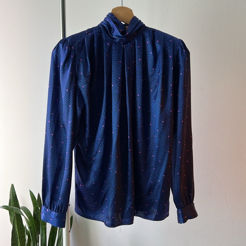 Vintage TESS Paris Milano Blue Print High Neck Pleated Blouse 8 P